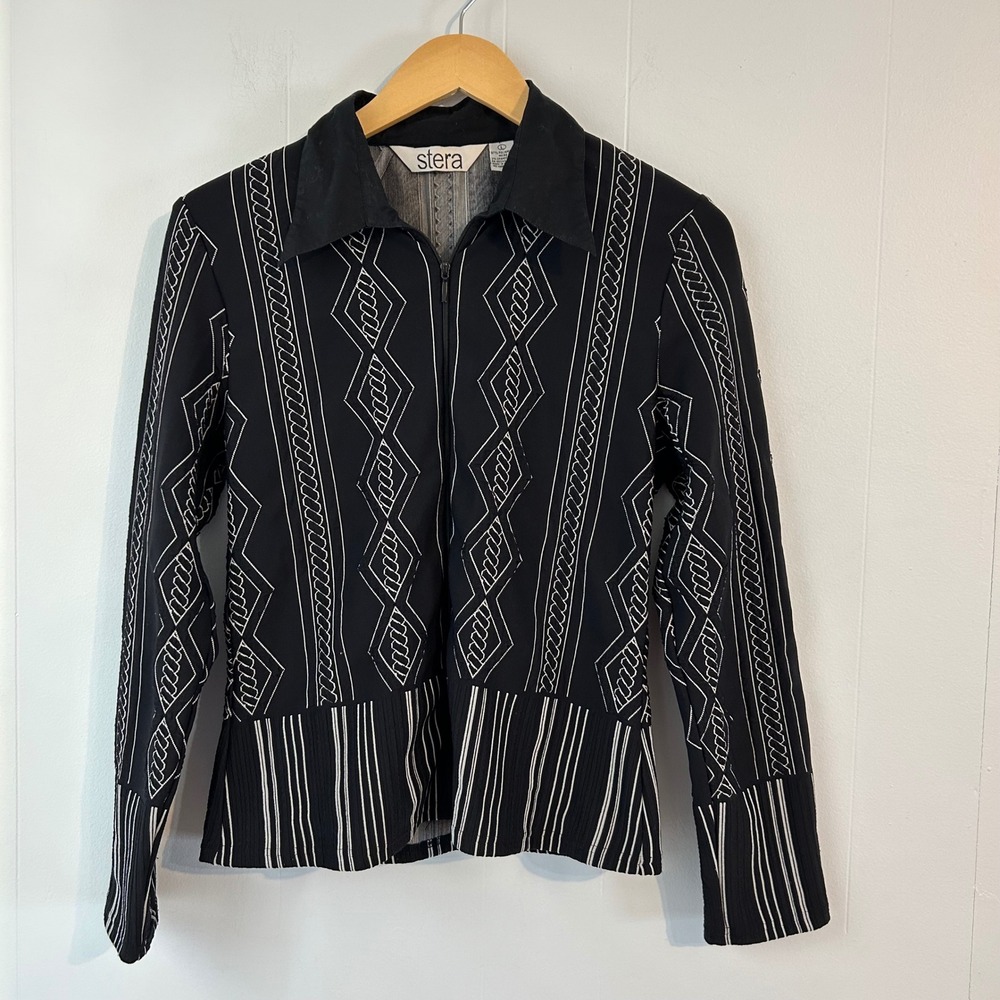 Stera VTGGeometric Print‎ Zip Front Collar Jacket Black White Women's L
